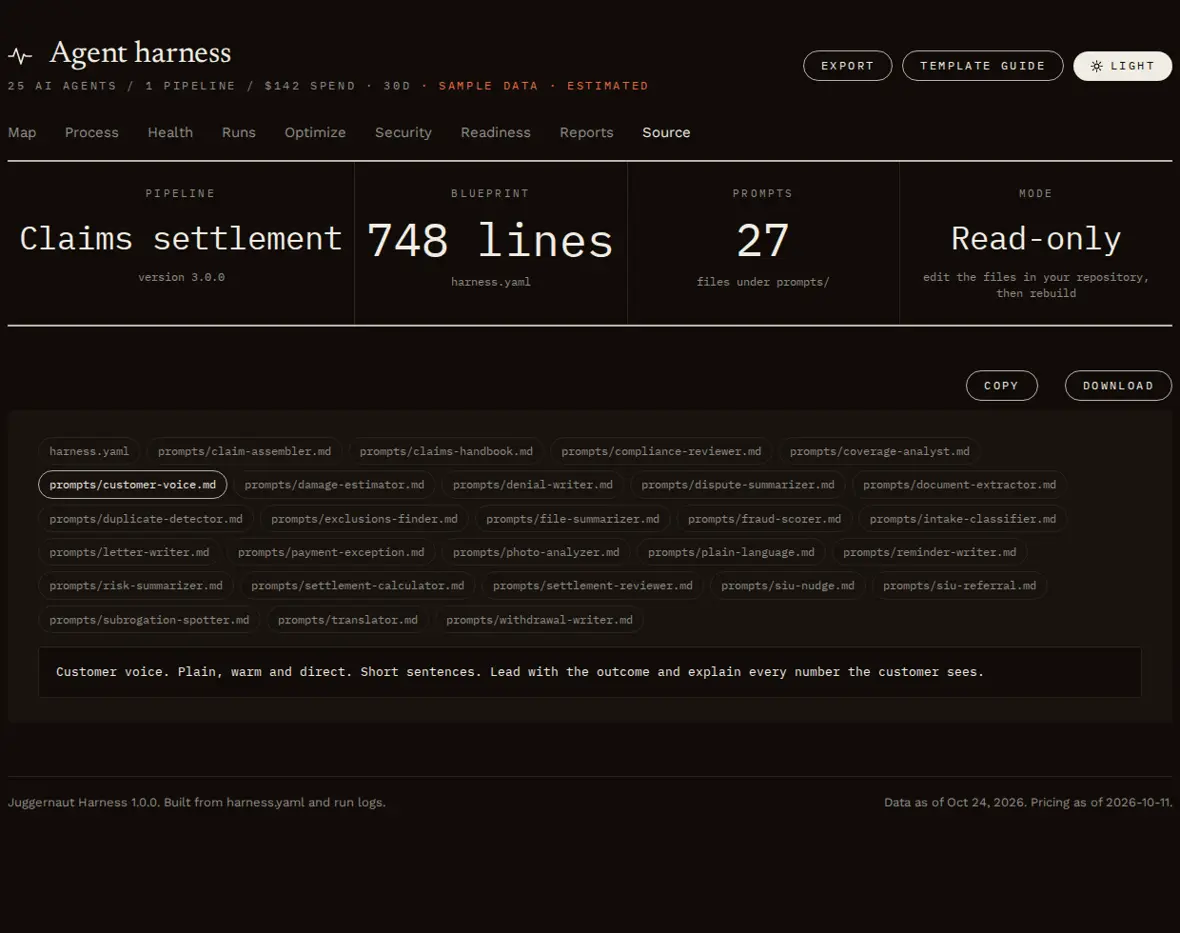 The Source tab of the Juggernaut Harness console